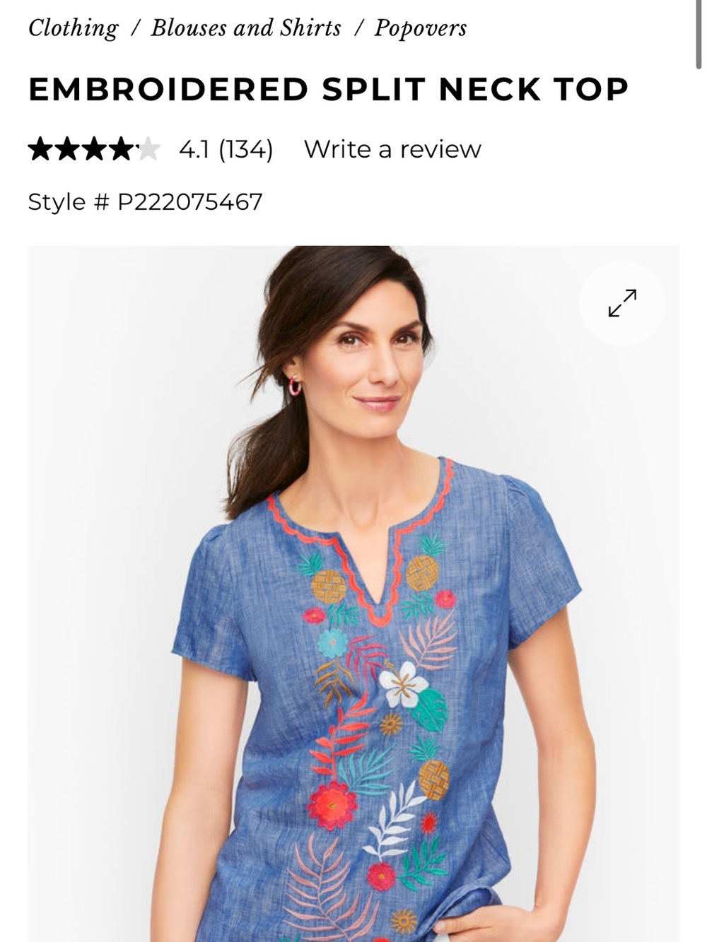 Talbots embroidered split neck top blue chambray linen cotton pineapple floral